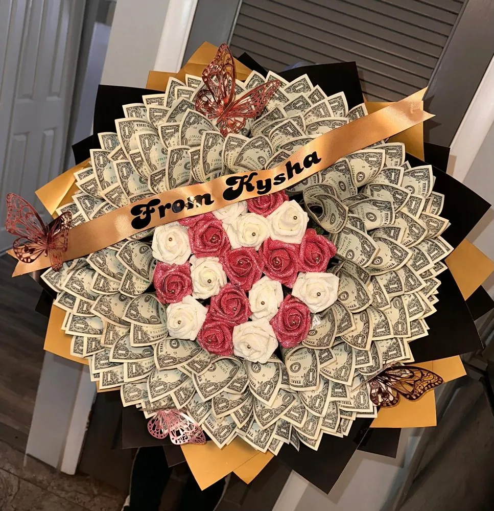 Large money bouquet with 100 one-dollar bills, roses, butterflies and a From Kysha ribbon